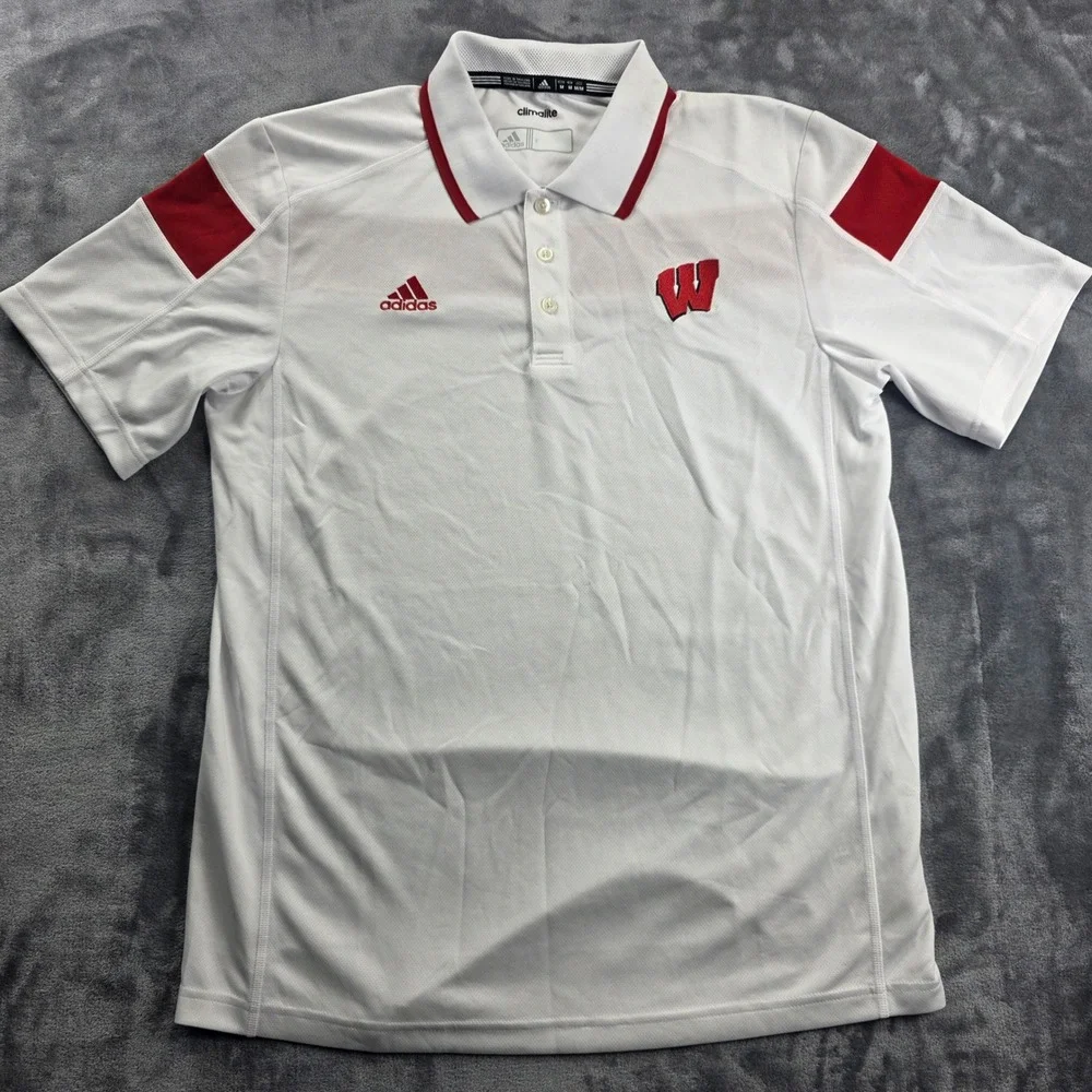 Adidas Polo Shirt Mens Medium Red White Wisconsin Badgers Climalite Bundle‎ 2pk